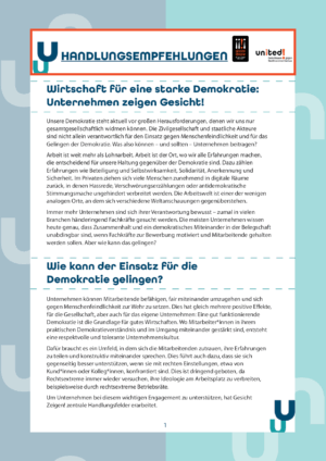 Cover von Handlungsempfehlungen. Wirtschaft für eine starke Demokratie: Unternehmen zeigen Gesicht!