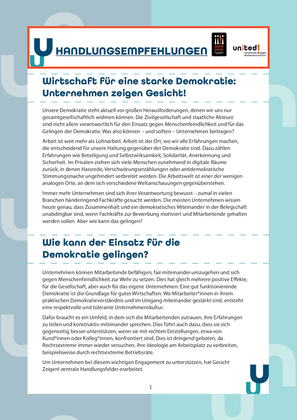 Cover von Handlungsempfehlungen. Wirtschaft für eine starke Demokratie: Unternehmen zeigen Gesicht!