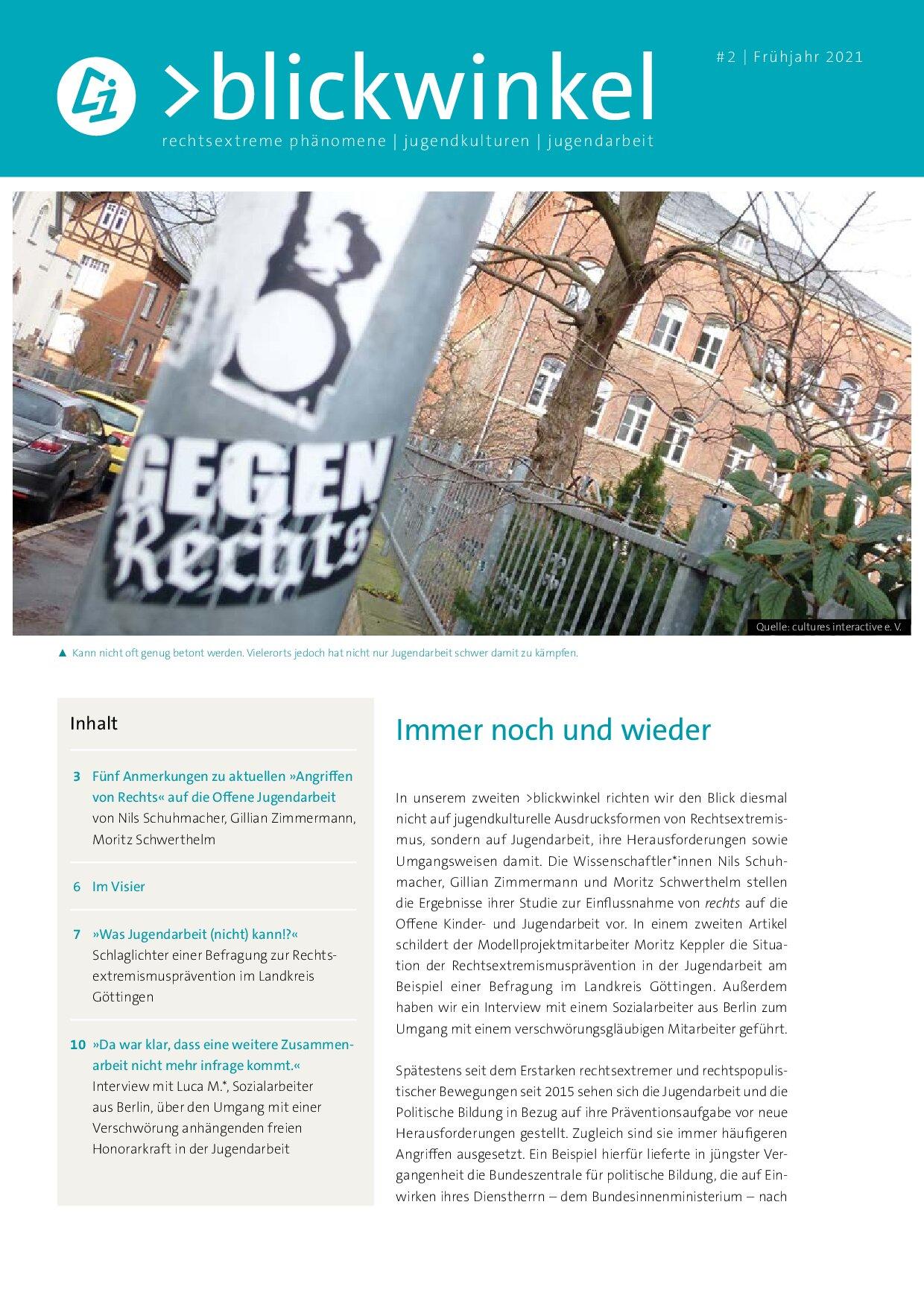 Cover von >blickwinkel. rechtsextreme phänomene – jugendkulturen – jugendarbeit #2/Frühjahr 2021