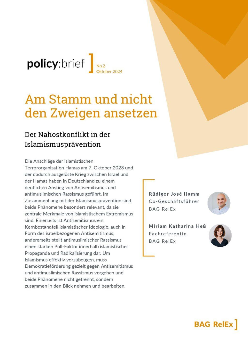 Cover von Am Stamm und nicht den Zweigen ansetzen. Der Nahostkonflikt in der Islamismusprävention – policy:brief No. 2/Oktober 2024