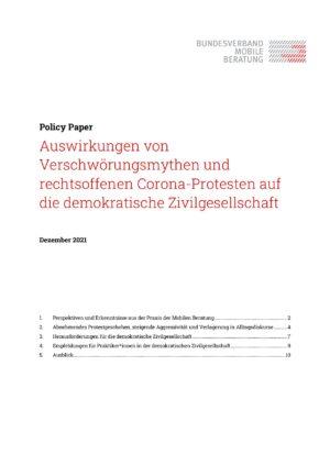 Cover von Policy Paper: Auswirkungen von Verschwörungsmythen und rechtsoffenen Corona-Protesten auf die demokratische Zivilgesellschaft