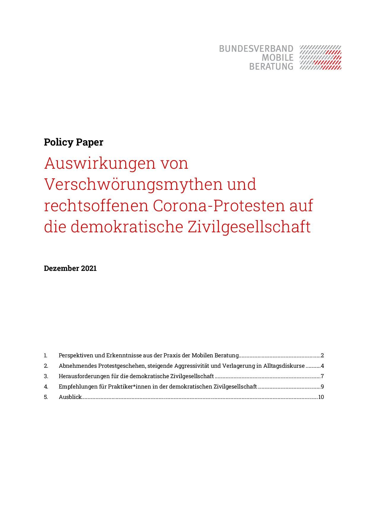 Cover von Policy Paper: Auswirkungen von Verschwörungsmythen und rechtsoffenen Corona-Protesten auf die demokratische Zivilgesellschaft
