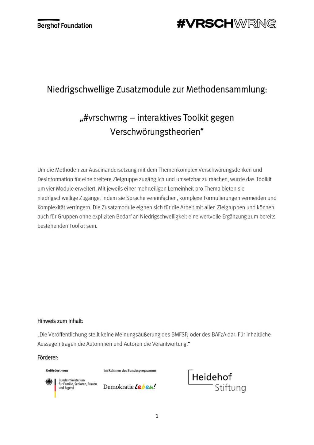Cover von Niedrigschwellige Zusatzmodule zur Methodensammlung: "#vrschwrng – interaktives Toolkit gegen Verschwörungstheorien"