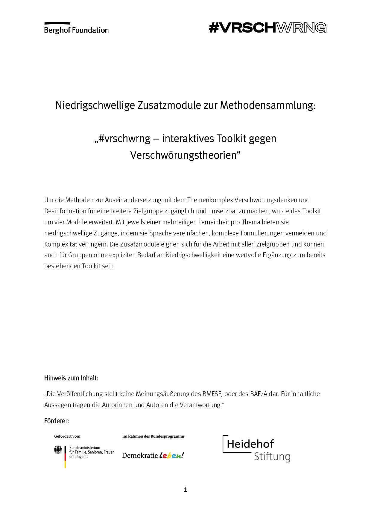 Cover von Niedrigschwellige Zusatzmodule zur Methodensammlung: "#vrschwrng – interaktives Toolkit gegen Verschwörungstheorien"