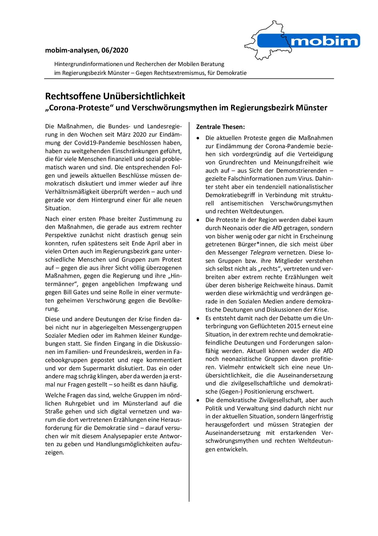 Cover von mobim-analysen, 06/2020 – Rechtsoffene Unübersichtlichkeit. "Corona-Proteste" und Verschwörungsmythen im Regierungsbezirk Münster