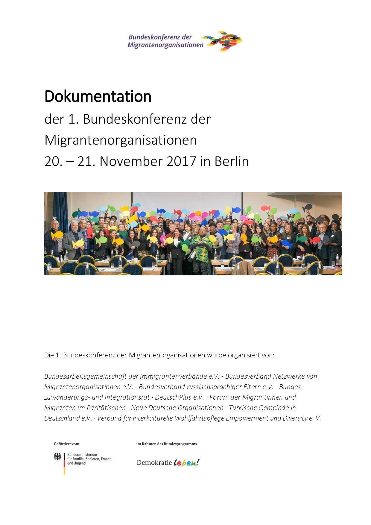 Cover von Dokumentation der 1. Bundeskonferenz der Migrantenorganisationen, 20. – 21. November 2017 in Berlin
