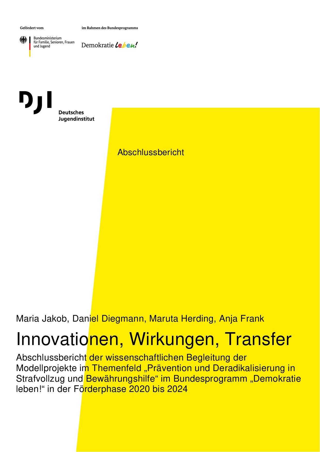 Cover von Abschlussbericht. Innovationen, Wirkungen, Transfer. Abschlussbericht der wissenschaftlichen Begleitung der Modellprojekte im Themenfeld "Prävention und Deradikalisierung in Strafvollzug und Bewährungshilfe" im Bundesprogramm "Demokratie leben!" in der Förderphase 2020 bis 2024