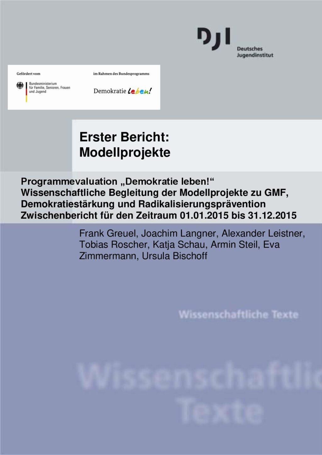 Cover von Erster Bericht: Modellprojekte. Programmevaluation "Demokratie leben!". Wissenschaftliche Begleitung der Modellprojekte zu GMF, Demokratiestärkung und Radikalisierungsprävention. Zwischenbericht für den Zeitraum 01.01.2015 bis 31.12.2015