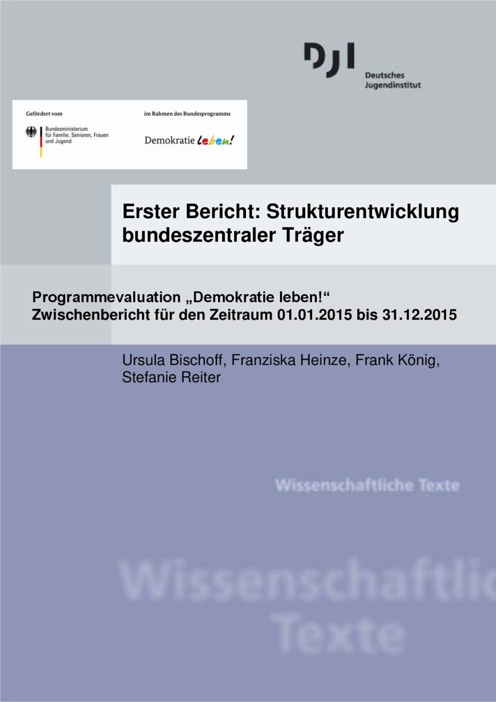 Cover von Erster Bericht: Strukturentwicklung bundeszentraler Träger. Programmevaluation "Demokratie leben!". Zwischenbericht für den Zeitraum 01.01.2015 bis 31.12.2015