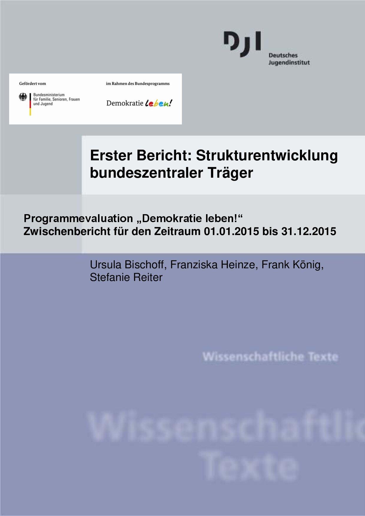 Cover von Erster Bericht: Strukturentwicklung bundeszentraler Träger. Programmevaluation "Demokratie leben!". Zwischenbericht für den Zeitraum 01.01.2015 bis 31.12.2015