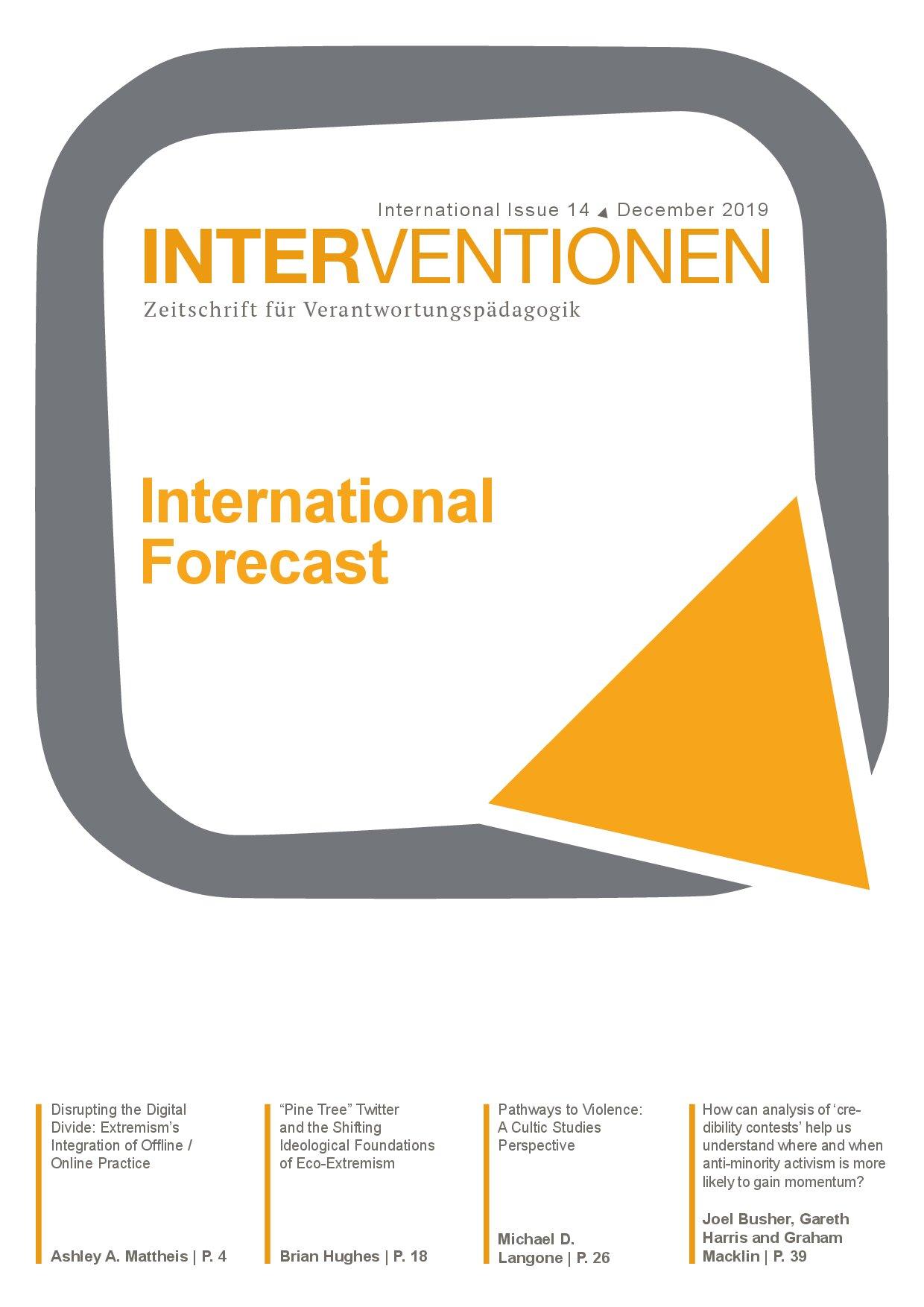 Cover von Interventionen. Zeitschrift für Verantwortungspädagogik. Ausgabe 14. Dezember 2019. Schwerpunkt International Forecast