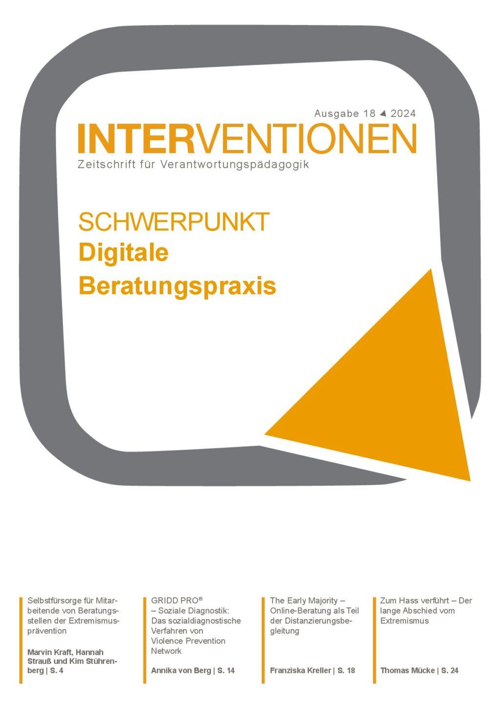 Cover von Interventionen. Zeitschrift für Verantwortungspädagogik. Ausgabe 18. 2024. Schwerpunkt Digitale Beratungspraxis