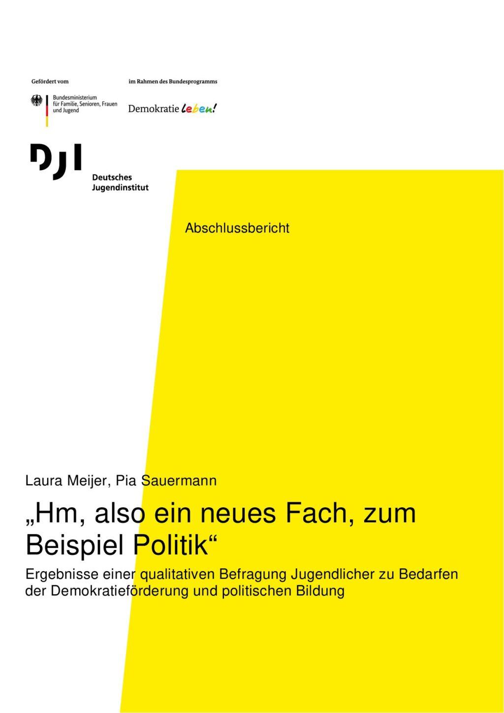 Cover von Abschlussbericht: "Hm, also ein neues Fach, zum Beispiel Politik". Ergebnisse einer qualitativen Befragung Jugendlicher zu Bedarfen der Demokratieförderung und politischen Bildung