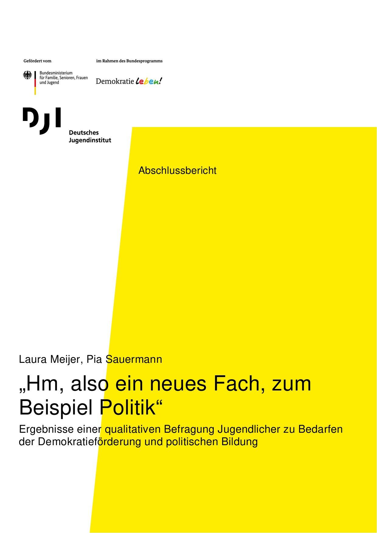 Cover von Abschlussbericht: "Hm, also ein neues Fach, zum Beispiel Politik". Ergebnisse einer qualitativen Befragung Jugendlicher zu Bedarfen der Demokratieförderung und politischen Bildung