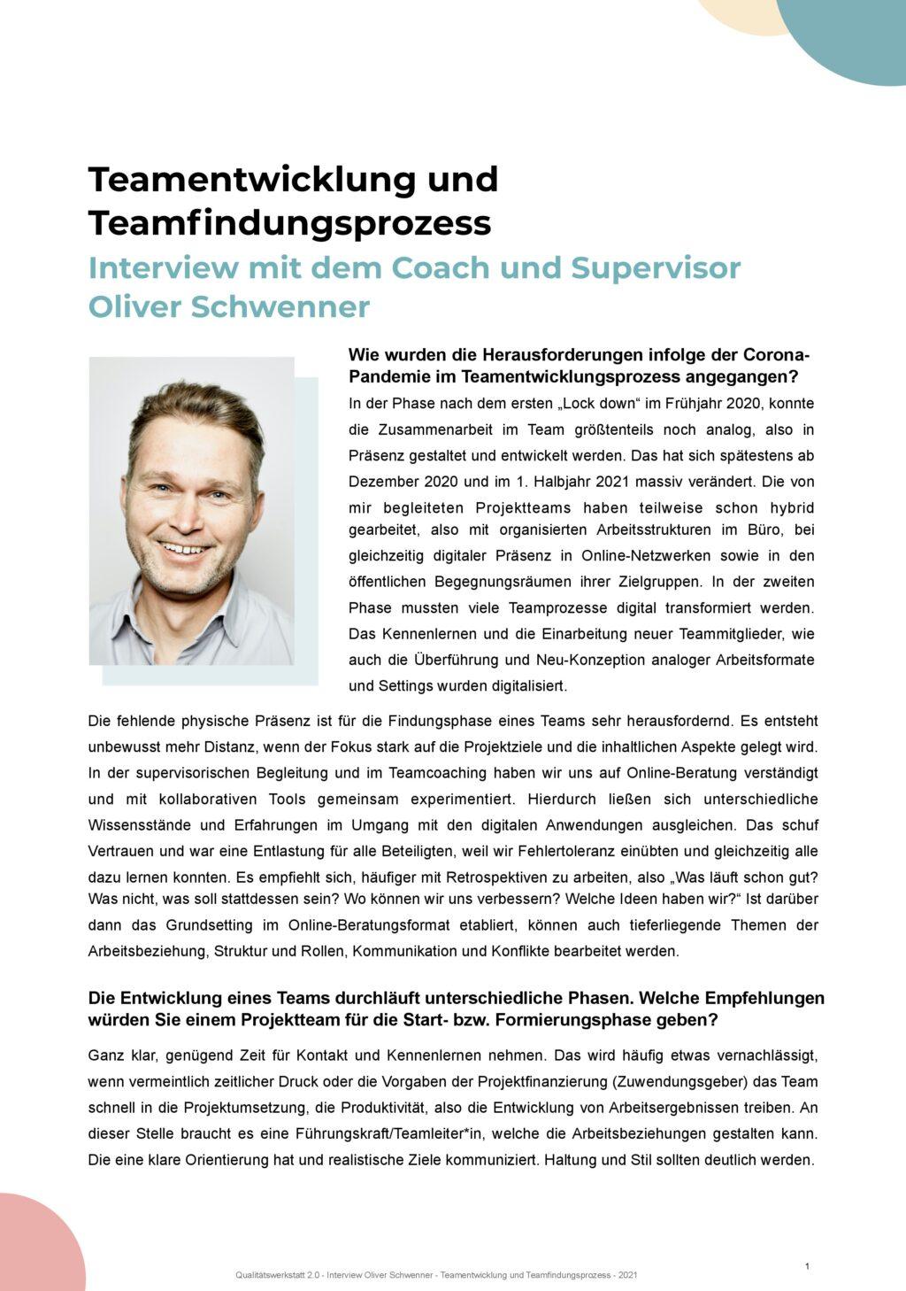 Cover von Teamentwicklung und Teamfindungsprozess. Interview mit dem Coach und Supervisor Oliver Schwenner