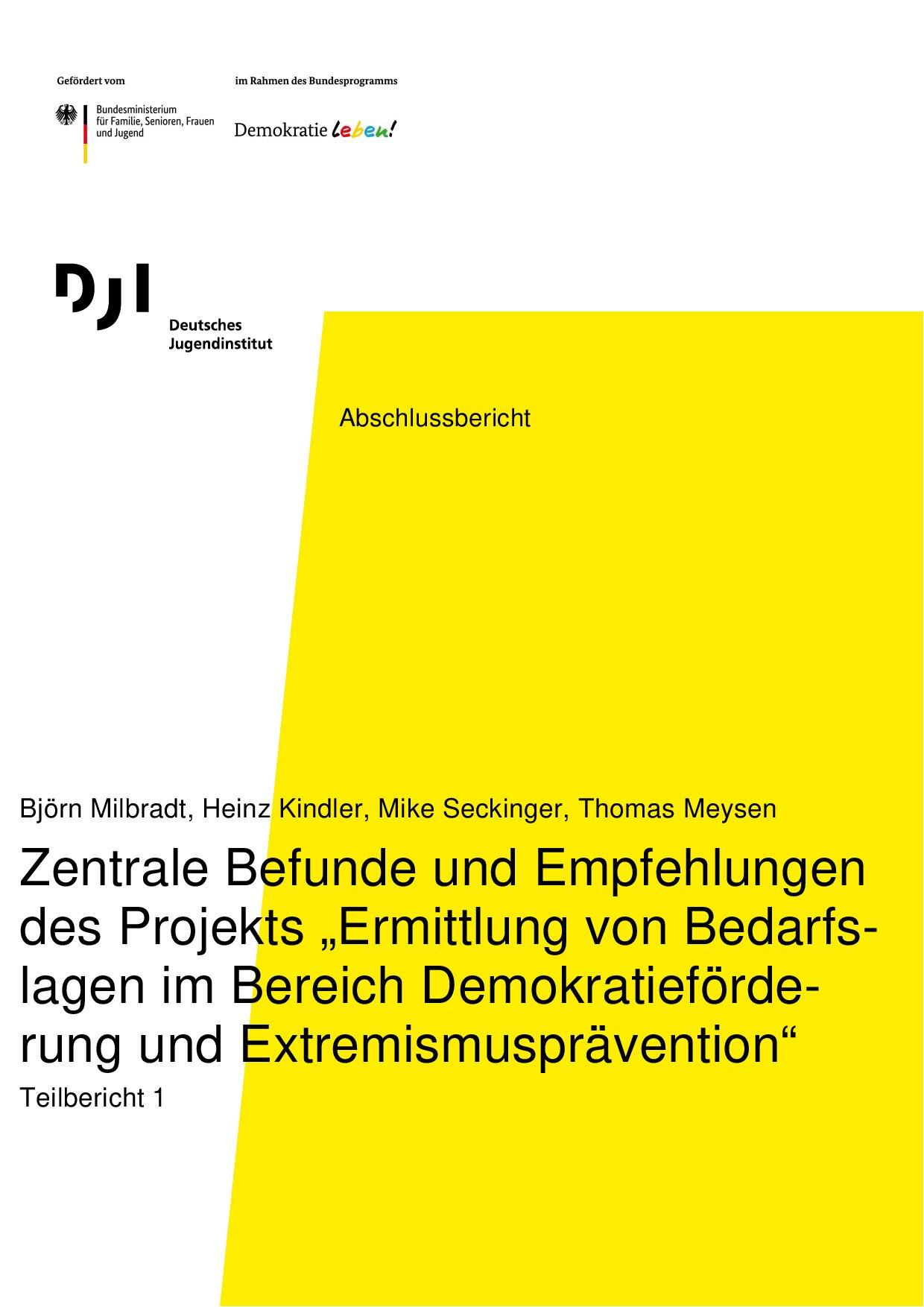 Cover von Abschlussbericht: Zentrale Befunde und Empfehlungen des Projekts "Ermittlung von Bedarfslagen im Bereich Demokratieförderung und Extremismusprävention". Teilbericht 1.