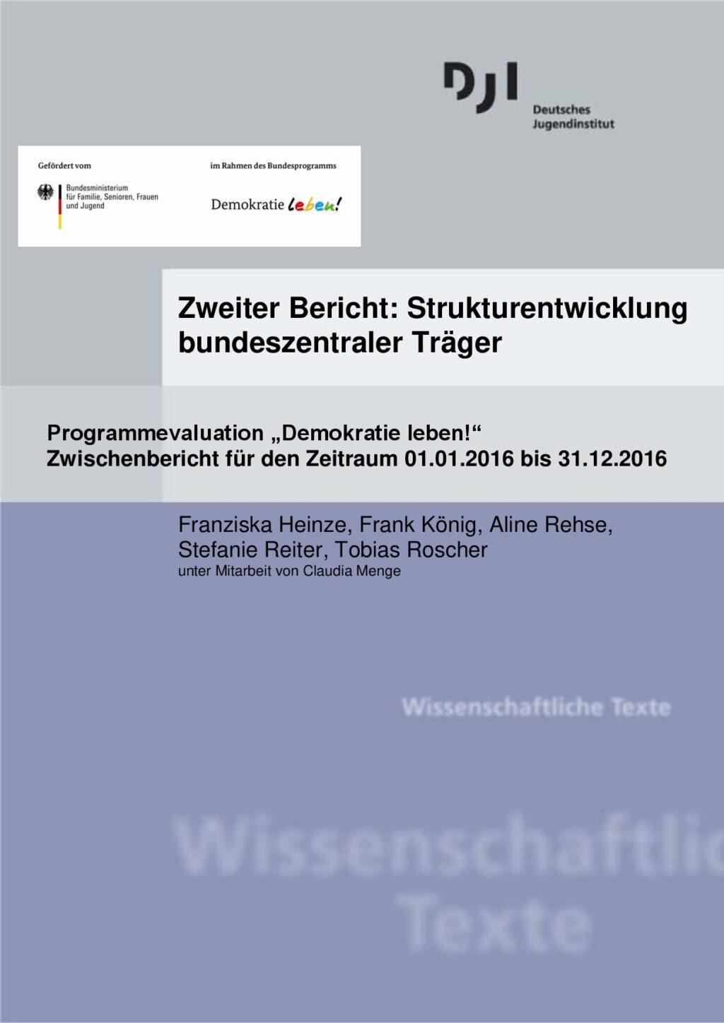 Cover von Zweiter Bericht: Strukturentwicklung bundeszentraler Träger. Programmevaluation "Demokratie leben!". Zwischenbericht für den Zeitraum 01.01.2016 bis 31.12.2016
