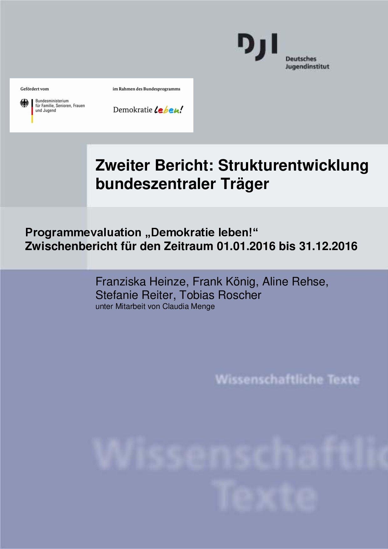 Cover von Zweiter Bericht: Strukturentwicklung bundeszentraler Träger. Programmevaluation "Demokratie leben!". Zwischenbericht für den Zeitraum 01.01.2016 bis 31.12.2016
