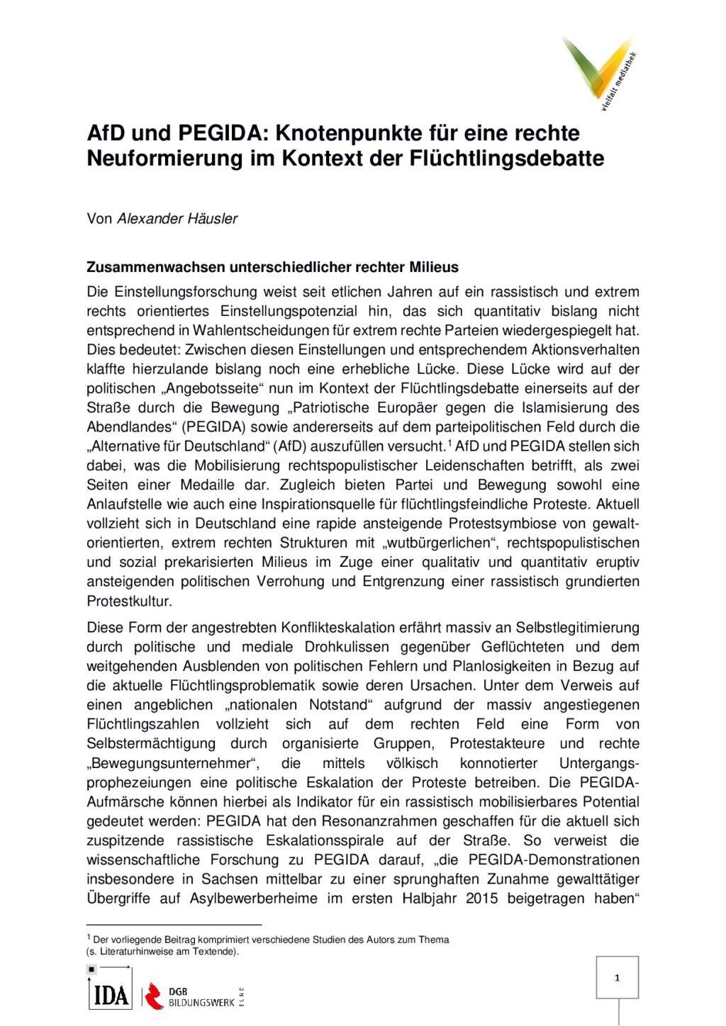 Cover von AfD und PEGIDA: Knotenpunkte für eine rechte Neuformierung im Kontext der Flüchtlingsdebatte