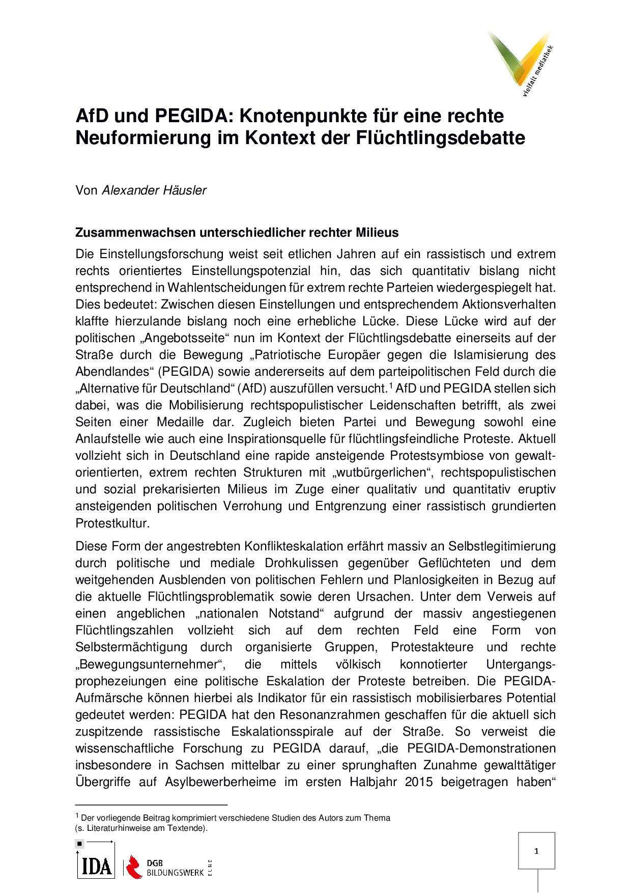 Cover von AfD und PEGIDA: Knotenpunkte für eine rechte Neuformierung im Kontext der Flüchtlingsdebatte