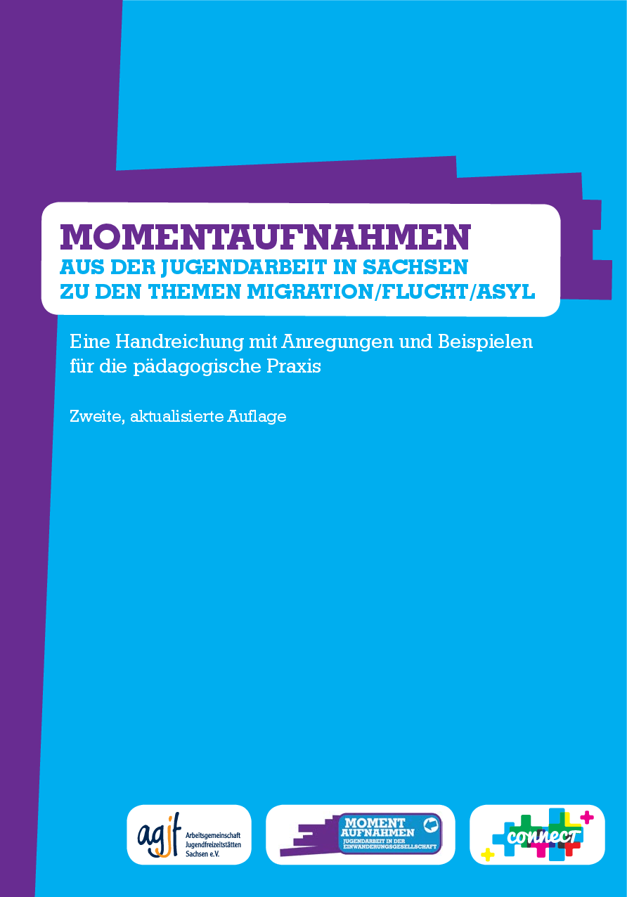 Cover von Momentaufnahmen aus der Jugendarbeit in Sachsen zu den Themen Migration/Flucht/Asyl. Eine Handreichung mit Anregungen und Beispielen für die pädagogische Praxis.