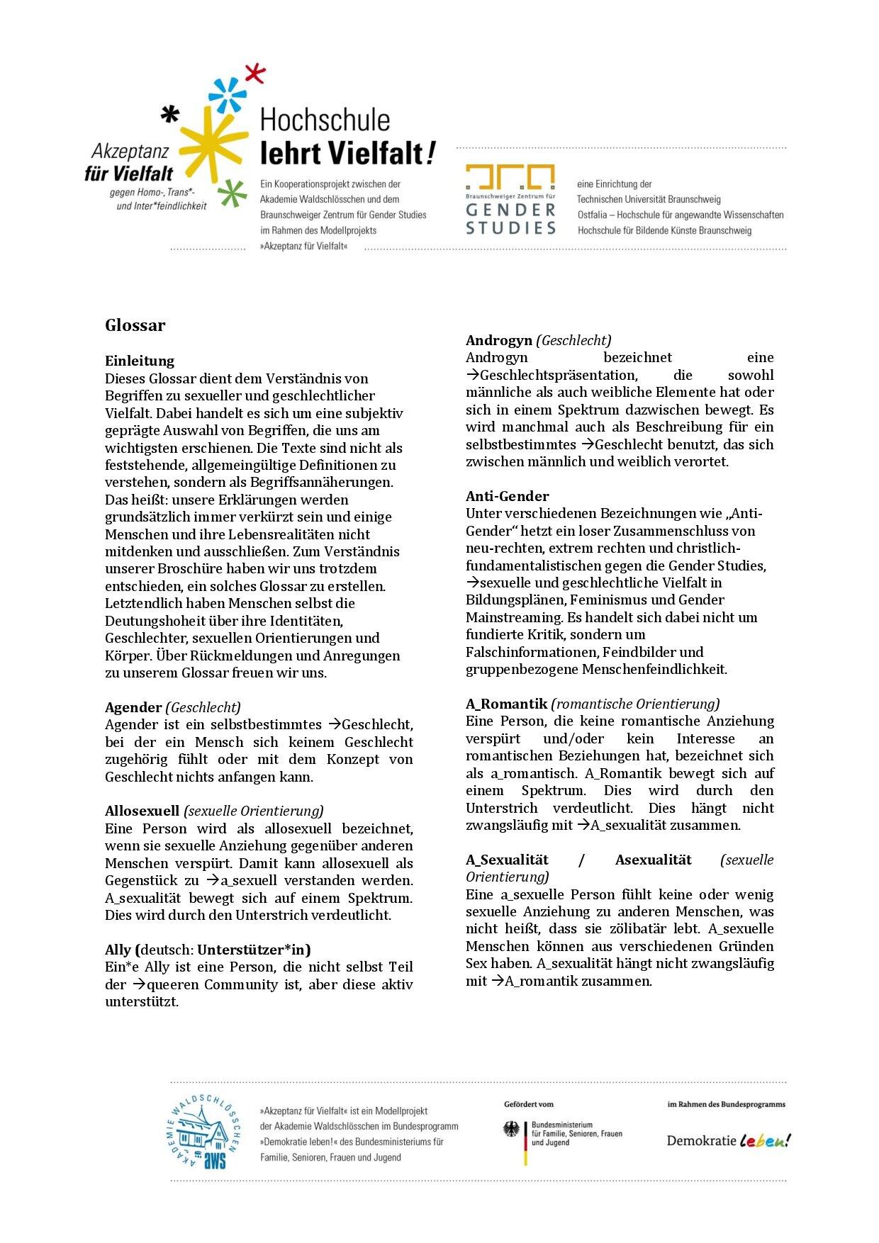 Cover von Glossar Begrifflichkeiten sexueller und geschlechtlicher Vielfalt