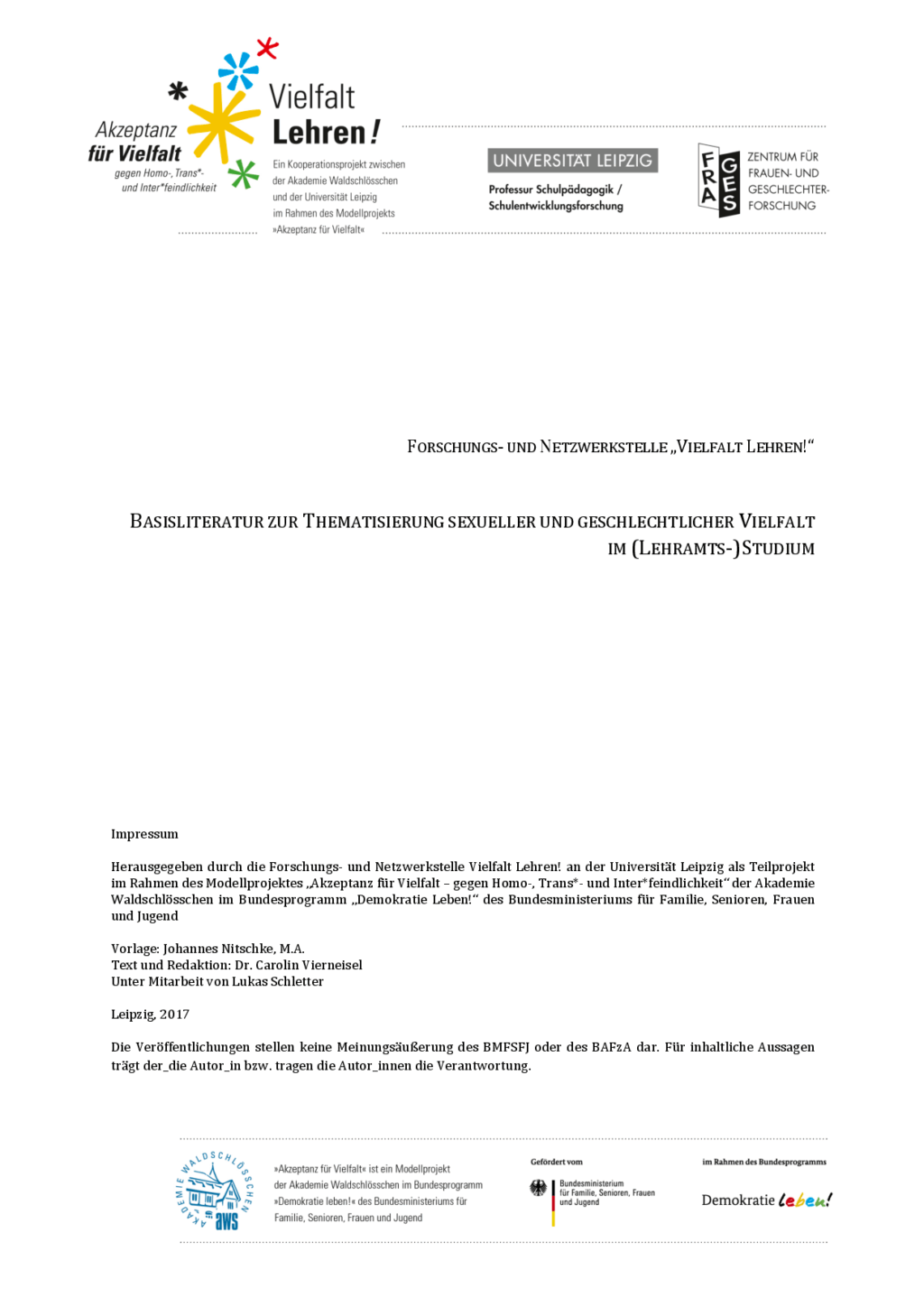 Cover von Basisliteratur zur Thematisierung sexueller und geschlechtlicher Vielfalt im (Lehramts-)Studium