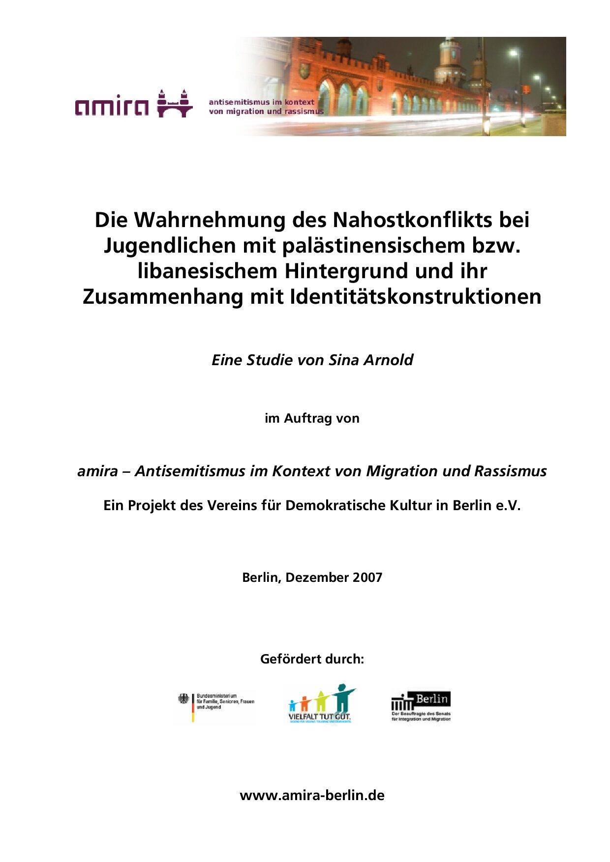 Cover von Die Wahrnehmung des Nahostkonflikts bei Jugendlichen mit palästinensischem bzw. libanesischem Hintergrund und ihr Zusammenhang mit Identitätskonstruktionen