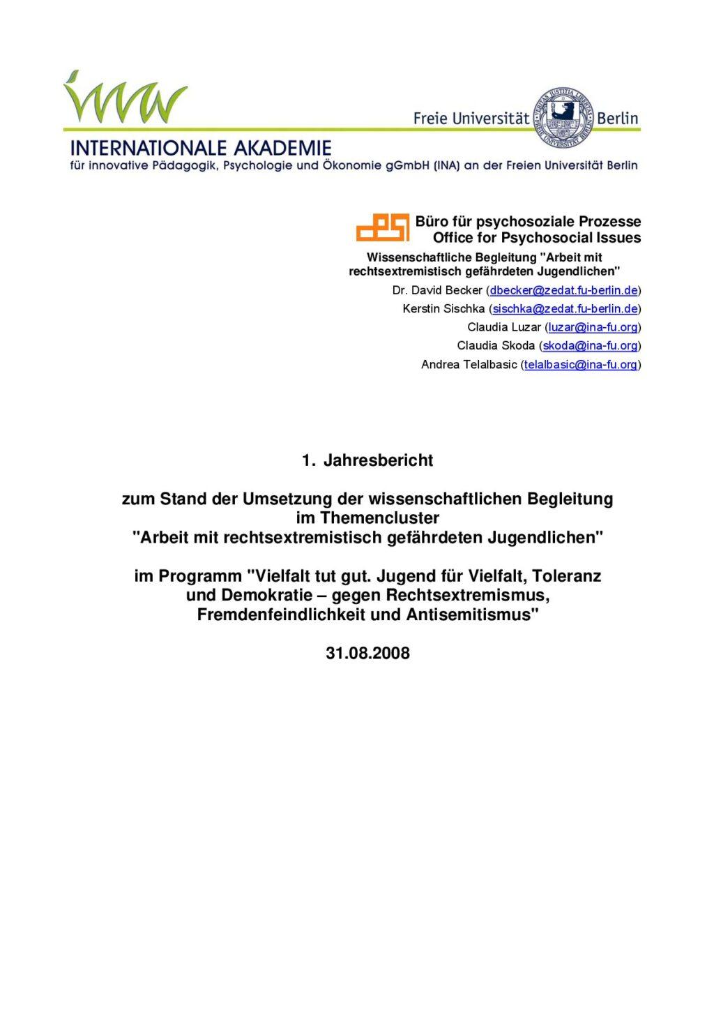 Cover von Jahresbericht zum Stand der Umsetzung der wissenschaftlichen Begleitung im Themencluster "Arbeit mit rechtsextremistisch gefährdeten Jugendlichen" 2008