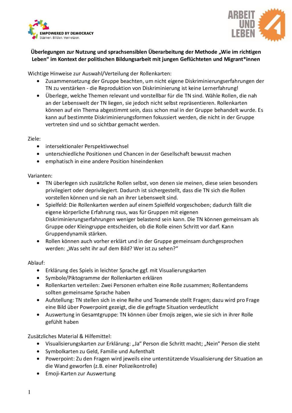 Cover von Überlegungen zur Nutzung und sprachsensiblen Überarbeitung der Methode "Wie im richtigen Leben" im Kontext der politischen Bildungsarbeit mit jungen Geflüchteten und Migrant*innen/Sprachsensible Überarbeitung Methode Werteauktion