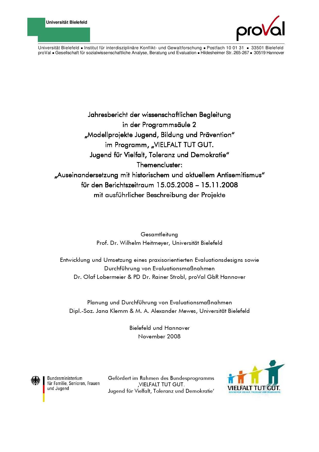 Cover von Jahresbericht der wissenschaftlichen Begleitung im Themencluster: "Auseinandersetzung mit historischem und aktuellem Antisemitismus" 2008
