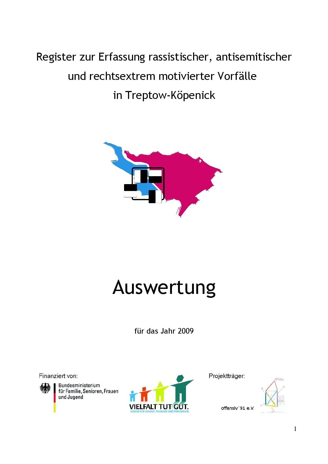 Cover von Register zur Erfassung rassistischer, antisemitischer und rechtsextrem motivierter Vorfälle in Treptow-Köpenick. Auswertung für das Jahr 2009