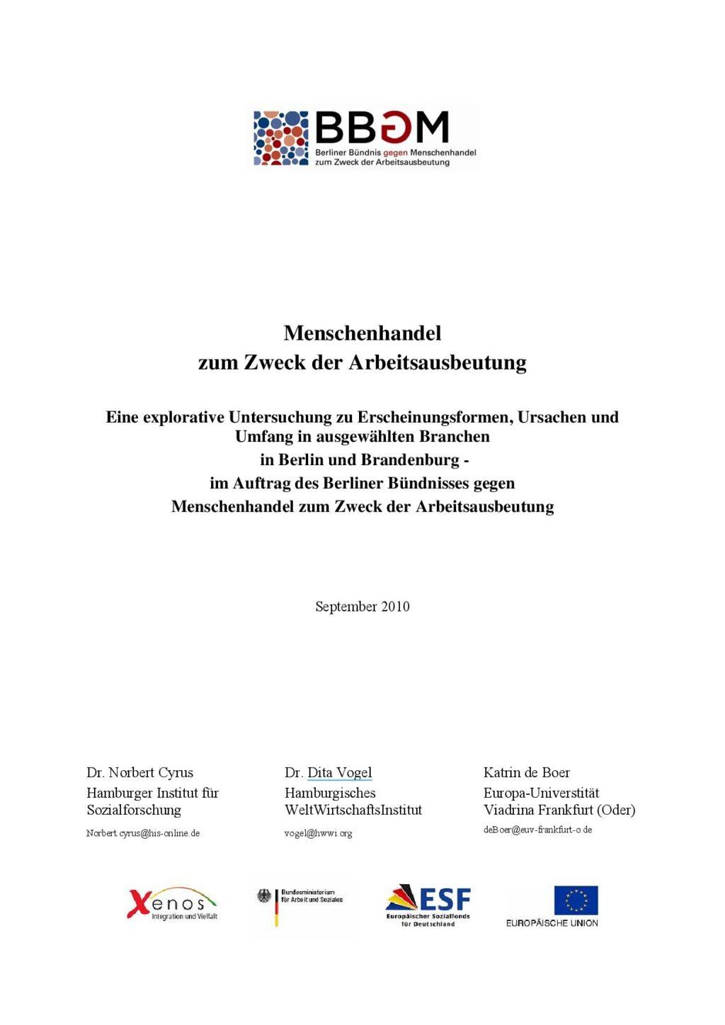 Cover von Menschenhandel zum Zweck der Arbeitsausbeutung. Eine explorative Untersuchung zu Erscheinungsformen, Ursachen und Umfang in ausgewählten Branchen in Berlin und Brandenburg