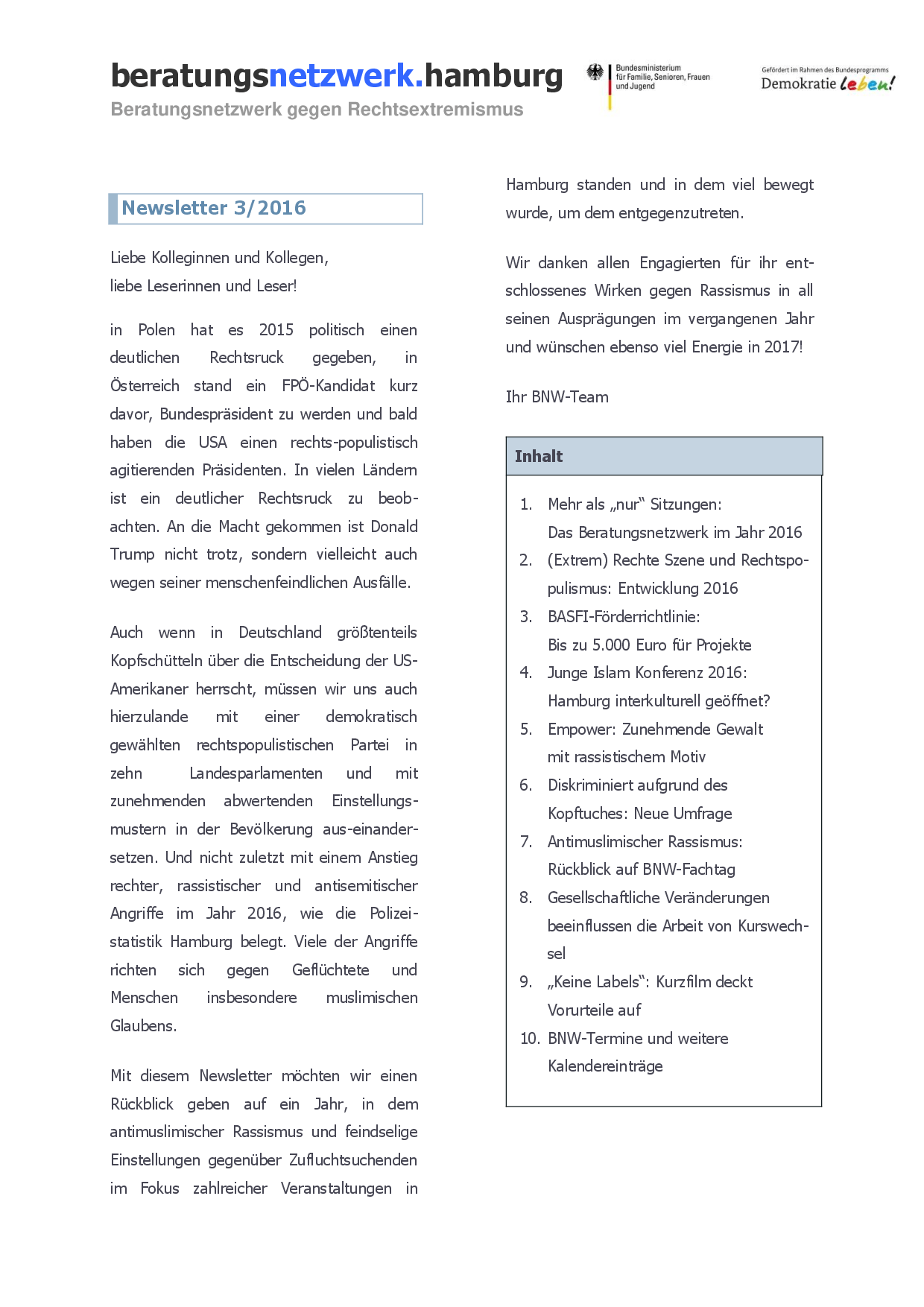 Cover von Hamburger Beratungsnetzwerk gegen Rechtsextremismus, Newsletter 3/2016