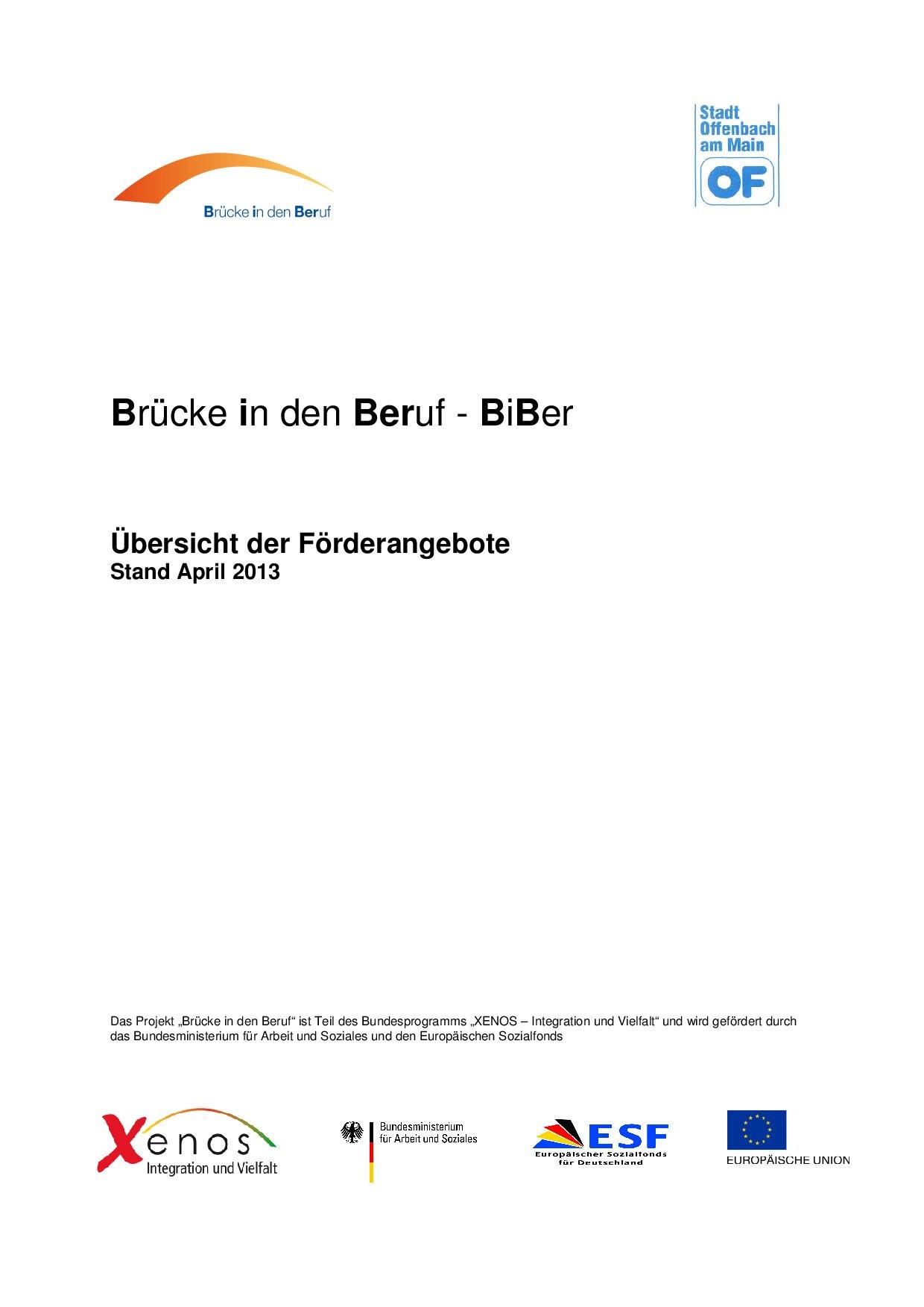Cover von Brücke in den Beruf – BiBer. Übersicht der Förderangebote. Stand April 2013