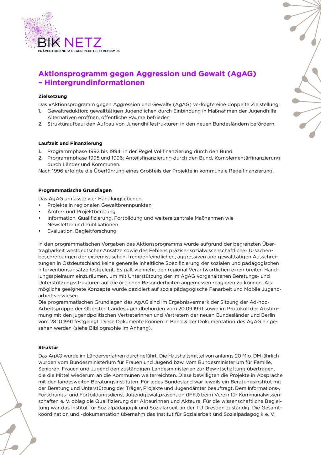 Cover von Aktionsprogramm gegen Aggression und Gewalt (AgAG) – Hintergrundinformationen