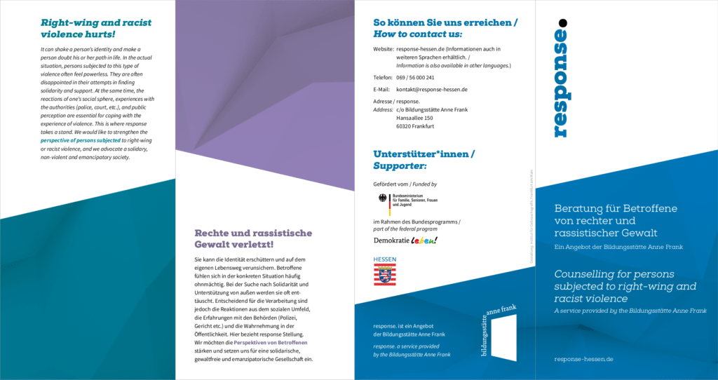Cover von response. Beratung für Betroffene von rechter und rassistischer Gewalt. Ein Angebot der Bildungsstätte Anne Frank