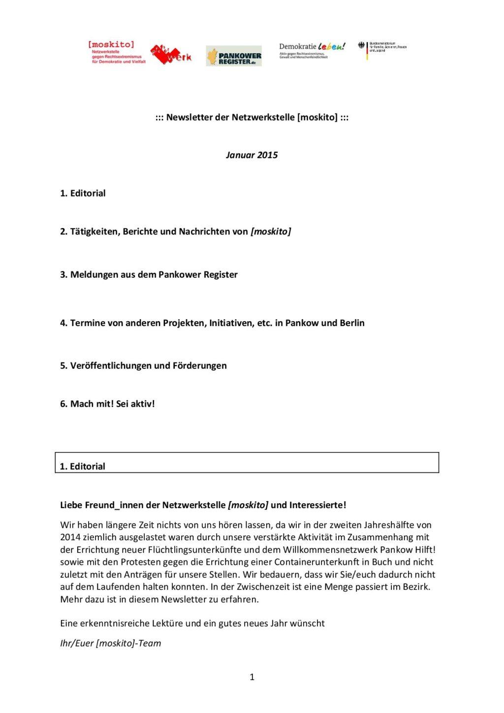 Cover von Newsletter der Netzwerkstelle [moskito]. Januar 2015