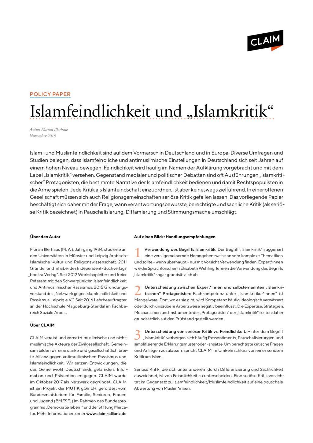 Cover von Policy Paper: Islamfeindlichkeit und "Islamkritik"