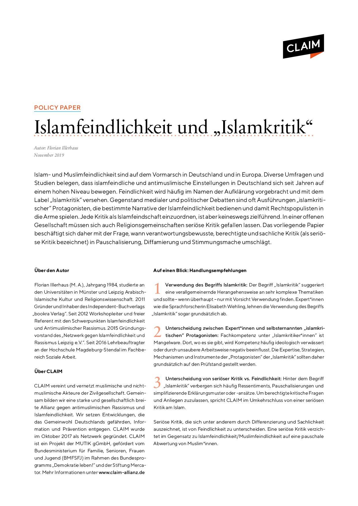 Cover von Policy Paper: Islamfeindlichkeit und "Islamkritik"