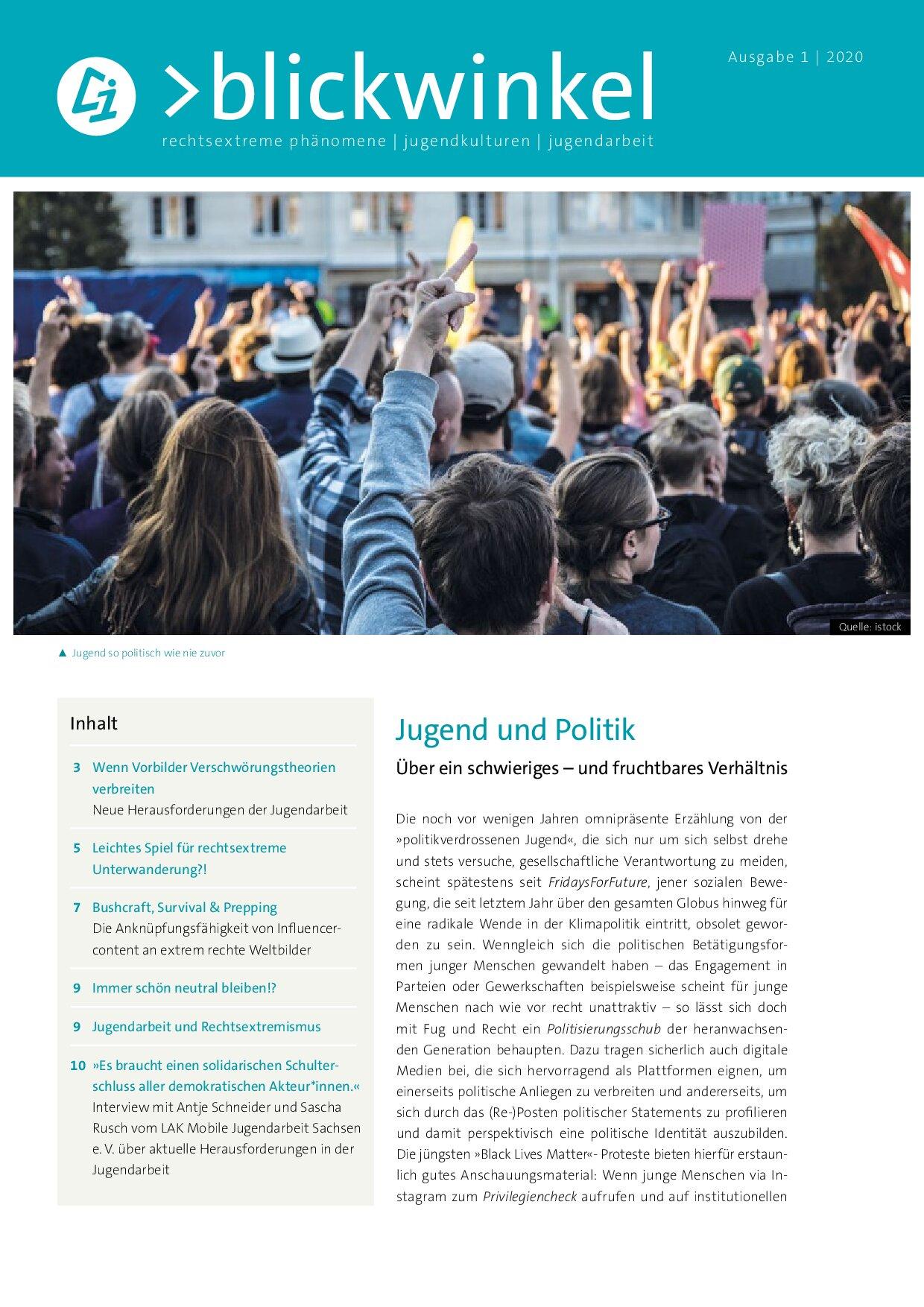 Cover von blickwinkel. rechtsextreme phänomene – jugendkulturen – jugendarbeit Ausgabe 1/2020