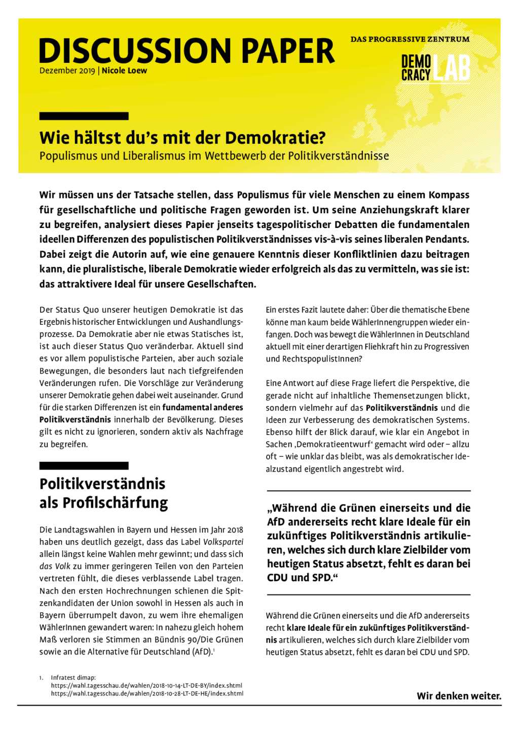 Cover von Diskussionspapier: Wie hältst du’s mit der Demokratie? Populismus und Liberalismus im Wettbewerb der Politikverständnisse
