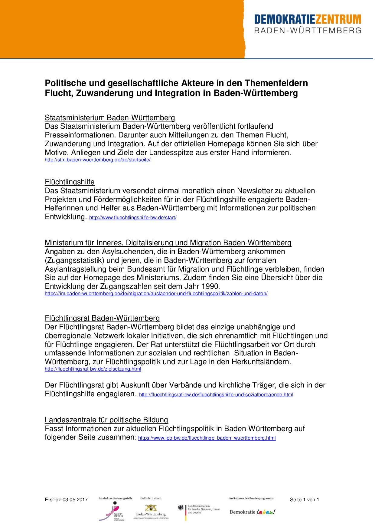 Cover von Politische und gesellschaftliche Akteure in den Themenfeldern Flucht, Zuwanderung und Integration in Baden-Württemberg