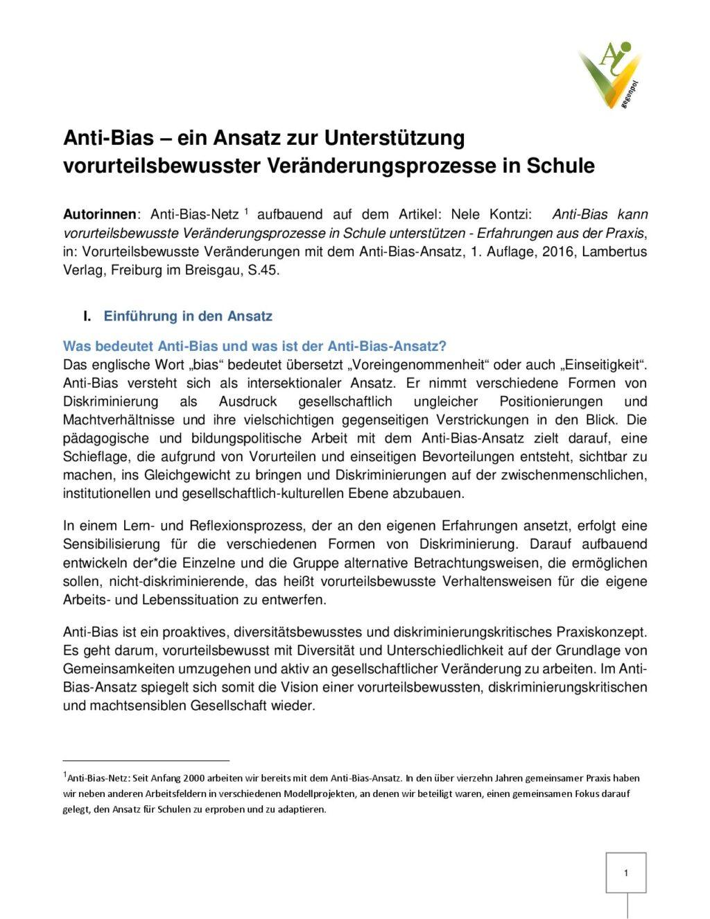 Cover von Anti-Bias-Ansatz – ein Ansatz zur Unterstützung vorurteilsbewusster Veränderungsprozesse in Schule