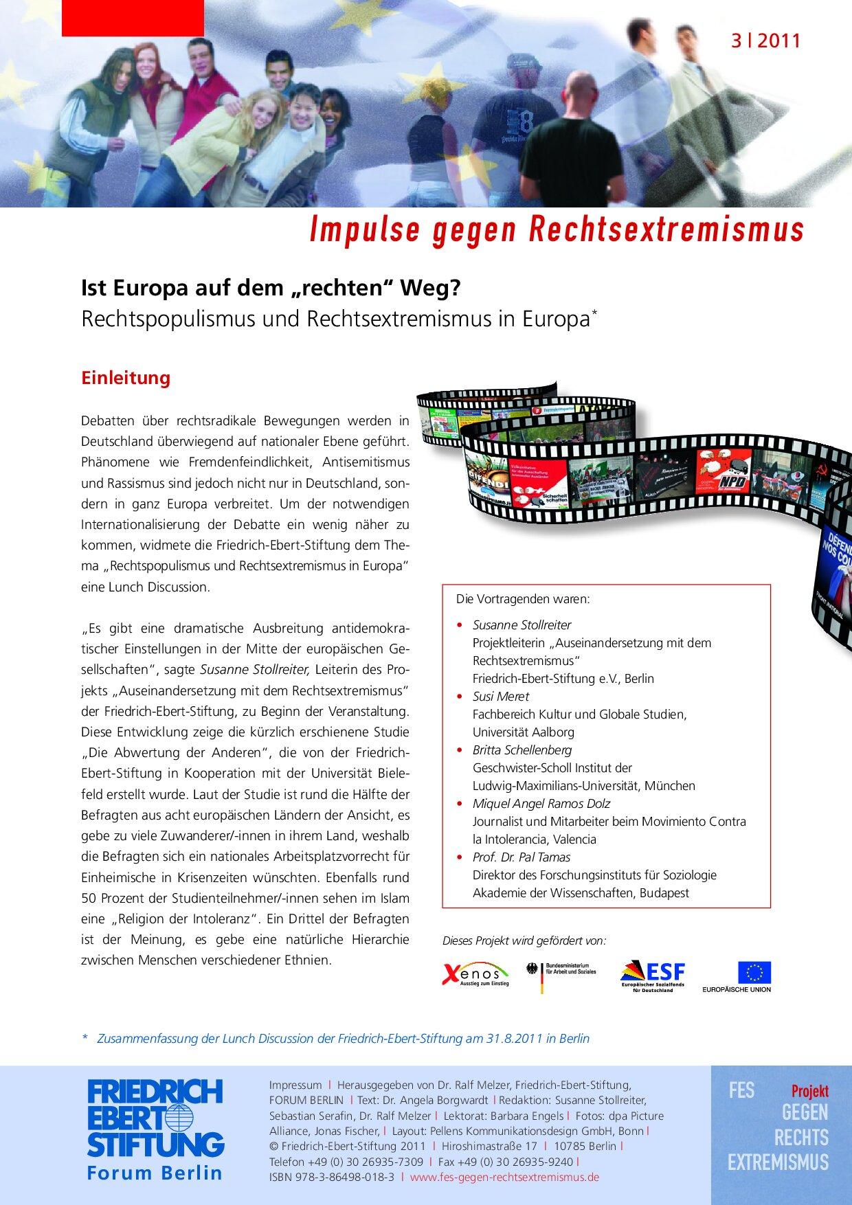Cover von Ist Europa auf dem "rechten" Weg? Rechtspopulismus und Rechtsextremismus in Europa Impulse gegen Rechtsextremismus 3/2011