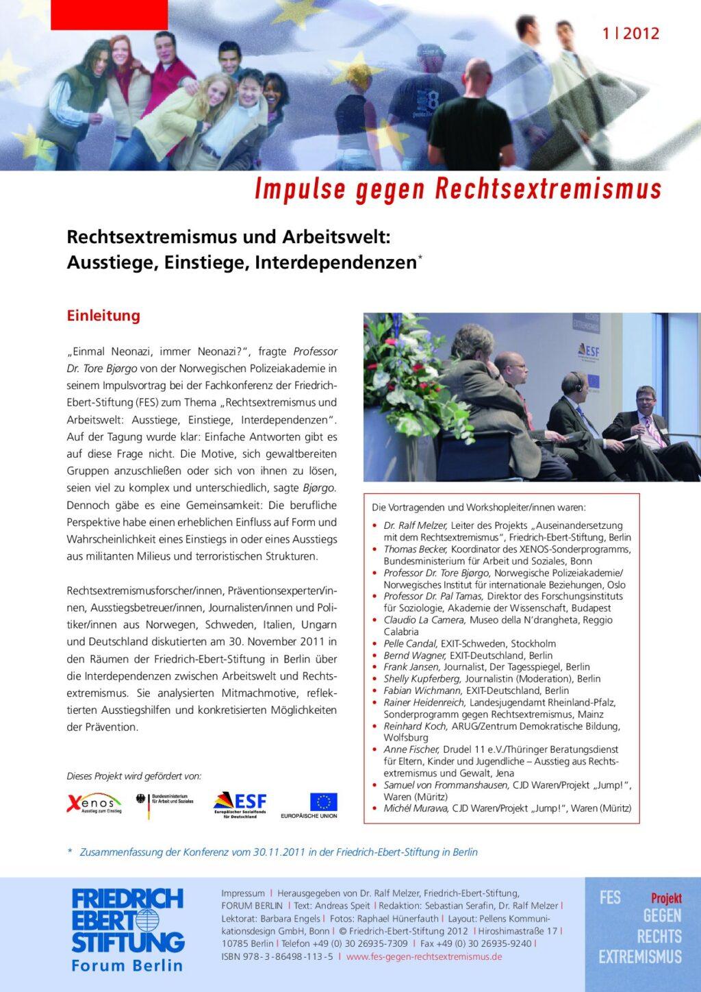Cover von Impulse gegen Rechsextremismus 1/2012. Rechtsextremismus und Arbeitswelt: Ausstiege, Einstiege, Interdependenzen