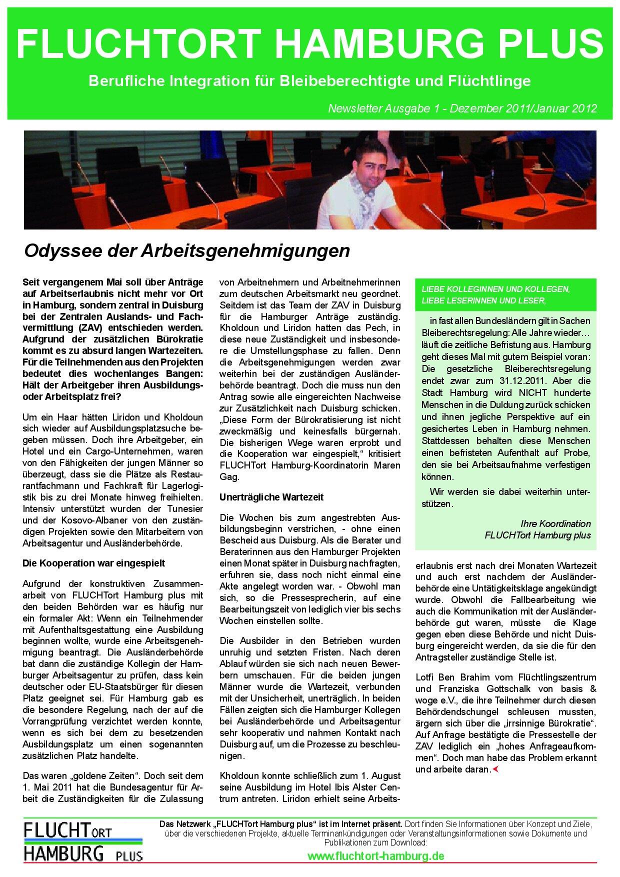 Cover von Fluchtort Hamburg Plus. Berufliche Integration für Bleibeberechtigte und Flüchtlinge Newsletter Ausgabe 2 – Mai 2012