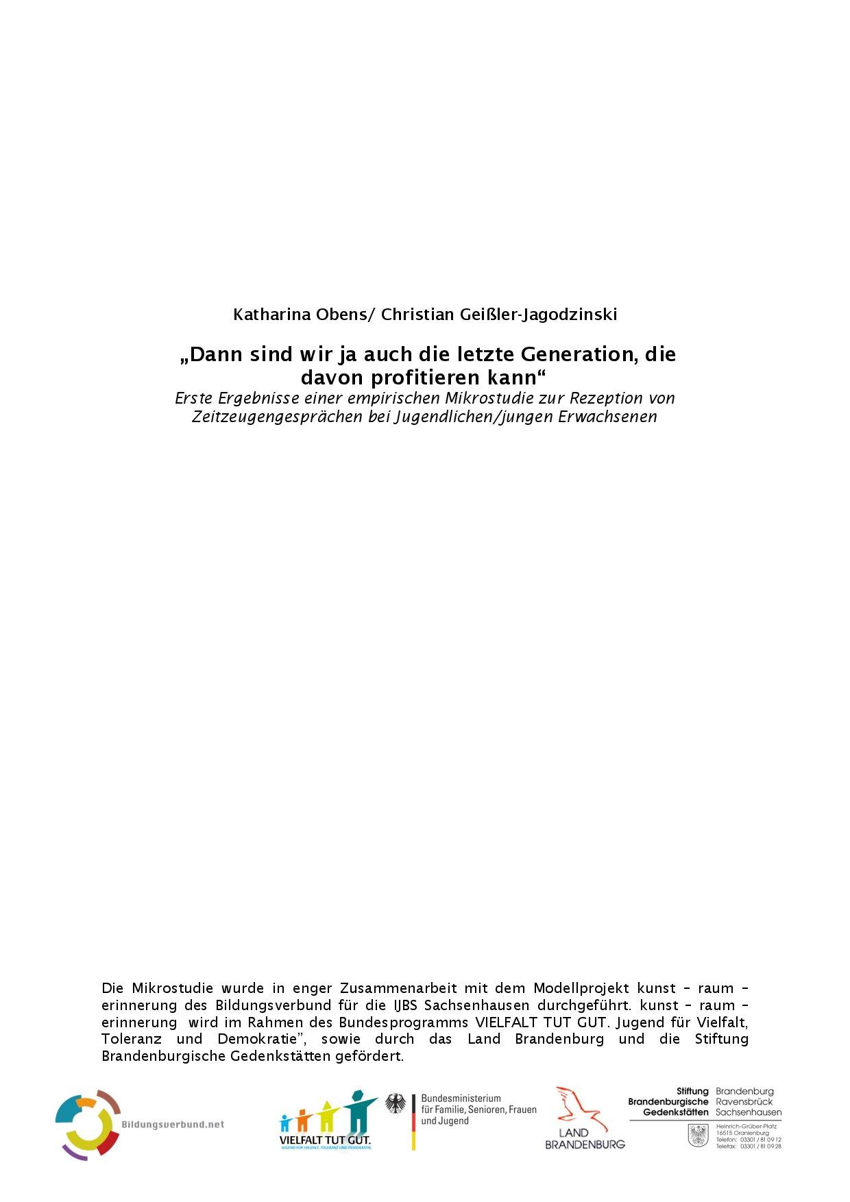 Cover von "Dann sind wir ja auch die letzte Generation, die davon profitieren kann" Erste Ergebnisse einer empirischen Mikrostudie zur Rezeption von Zeitzeugengesprächen bei Jugendlichen/jungen Erwachsenen