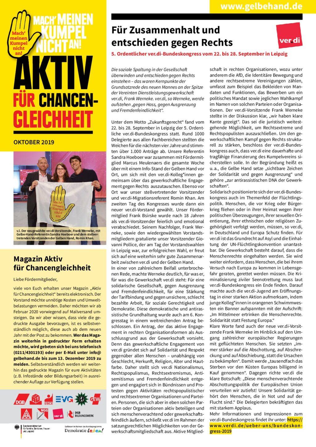 Cover von Aktiv für Chancengleichheit. Oktober 2019