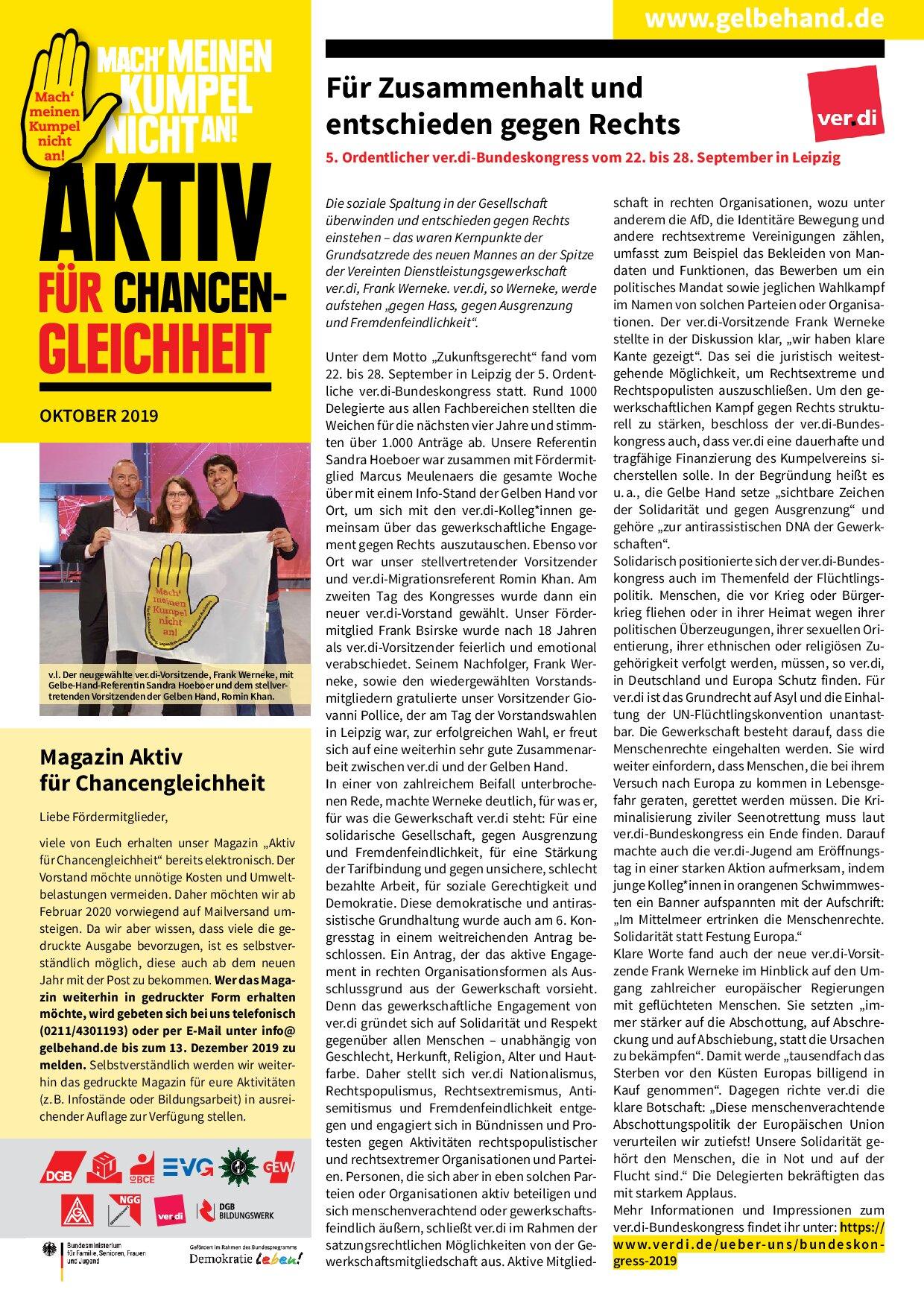 Cover von Aktiv für Chancengleichheit. Oktober 2019